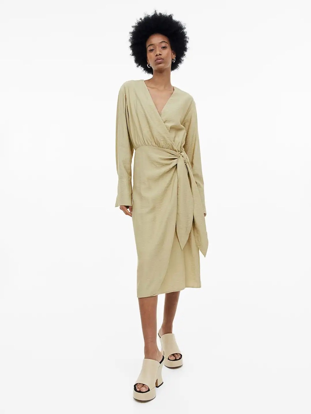 H&M Wrap Midi Dress in Light Olive Green